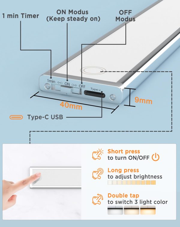 Luz LED Recargable SOAIY de 58cm para Armarios con Sensor Táctil y Temporizador Embalaje Deteriorado For Cheap